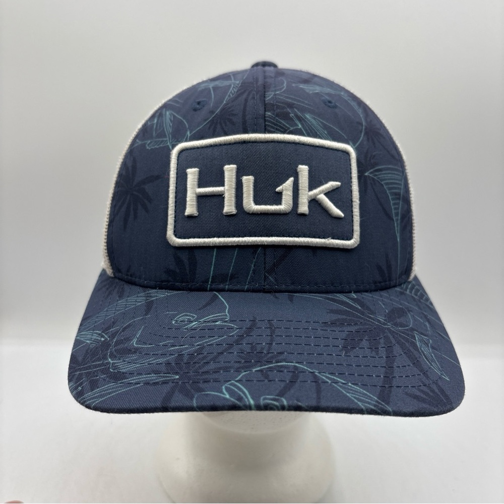 Huk Performance Head Wear Fishing Ocean Palm Blue Trucker Meshback SnapBack Hat